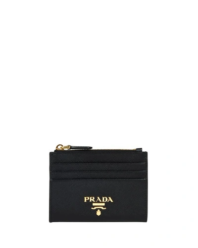 Prada Saffiano Card Case With Zip Compartment In Black