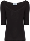 Prada Cashmere-silk 1/2-sleeve Sweetheart-neck Top In Black