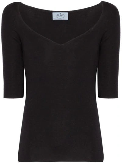 Prada Cashmere-silk 1/2-sleeve Sweetheart-neck Top In Black
