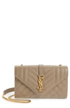 Saint Laurent V Flap Monogram Ysl Medium Envelope Chain Shoulder Bag - Golden Hardware In Pebble