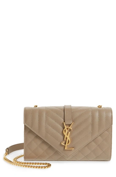 Saint Laurent V Flap Monogram Ysl Medium Envelope Chain Shoulder Bag - Golden Hardware In Pebble