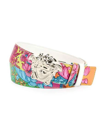 Versace Men's Barocco-print Leather Belt With Medusa Buckle In Multi