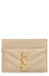 Saint Laurent Monogramme Grain De Poudre Leather Card Case, Golden Hardware In Dusty Grey