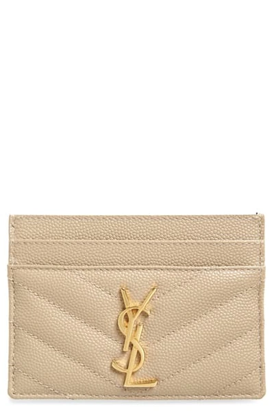 Saint Laurent Monogramme Grain De Poudre Leather Card Case, Golden Hardware In Dusty Grey