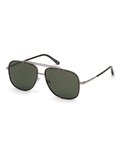 Tom Ford Men's Ruthenium Metal Aviator Sunglasses In Brown/green
