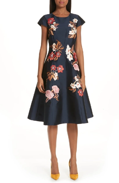 Ahluwalia Leigh Cap-sleeve Floral-embroidered Dress, Blue/pink In Midnight