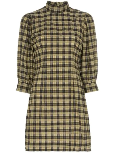 Ganni Checked Cotton-blend Seersucker Mini Dress In Yellow