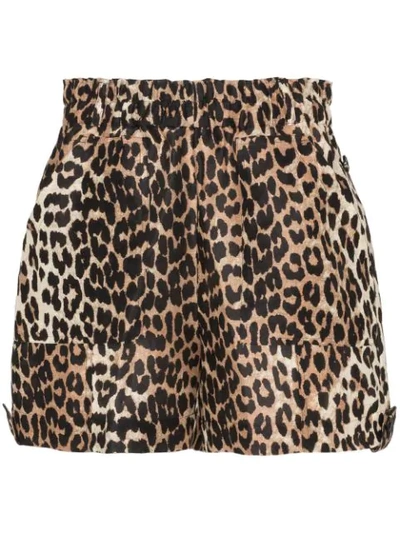Ganni Leopard-print Linen And Silk-blend Shorts In Brown