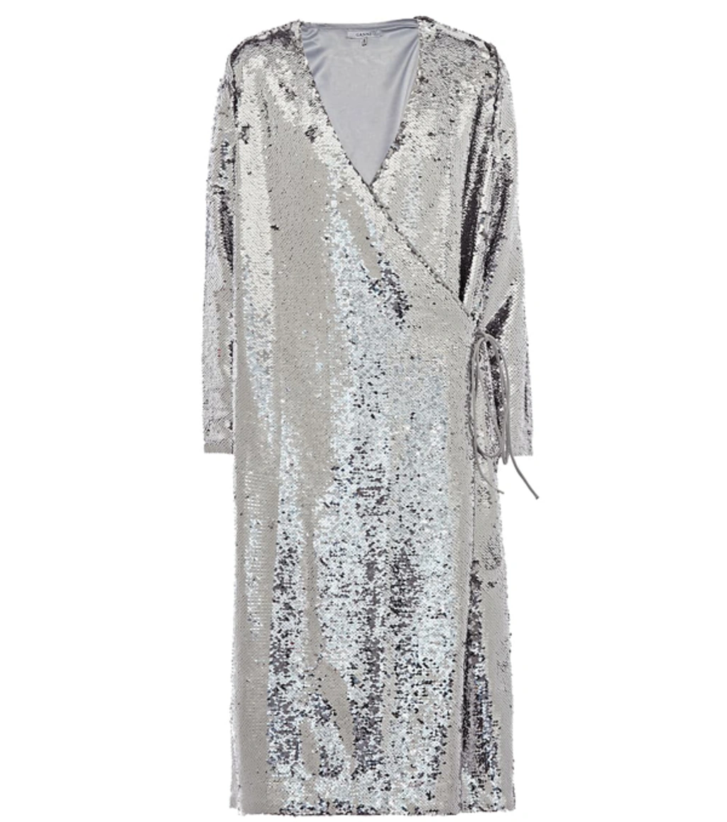 Ganni Sonora Sequin Wrap Dress In Silver ModeSens