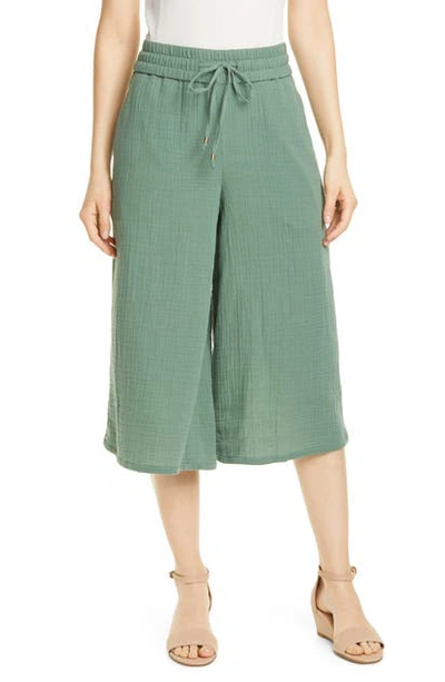 Eileen Fisher Plus Size Drawstring Wide-leg Cropped Organic Cotton Gauze Pants In Nori