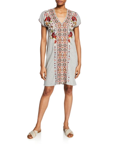 Johnny Was Beatriz Embroidered V-neck Short-sleeve Easy Tunic Dress In Heather Grey