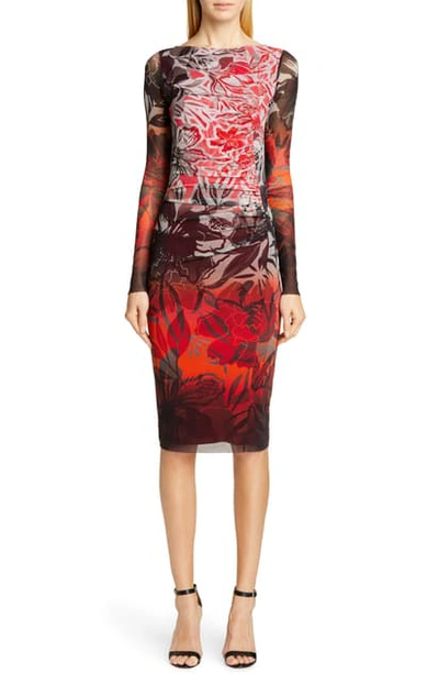 Fuzzi Floral-print Degrade Long-sleeve Fitted Dress In Rubino