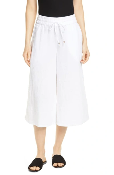 Eileen Fisher Lofty Organic Cotton Gauze Wide-leg Drawstring Crop Pants In White