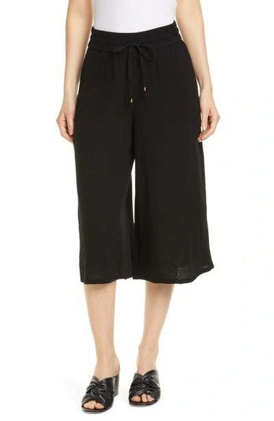 Eileen Fisher Petite Lofty Organic Cotton Gauze Drawstring Wide-leg Crop Pants In Black