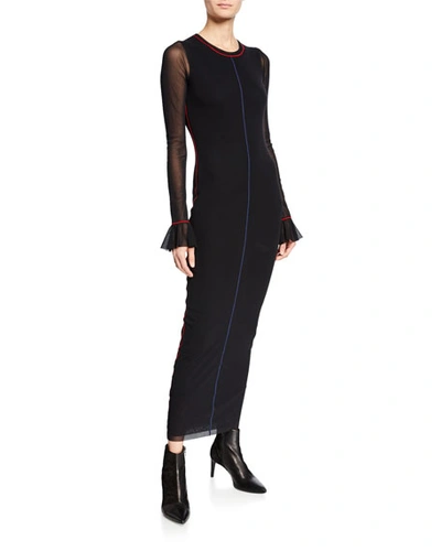 Fuzzi Body-con Ruffle-sleeve Dress W/ Contrast Seaming Details