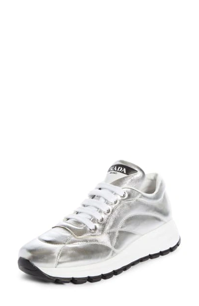 Prada Metallic Nylon Lace-up Trainer Sneakers In Silver