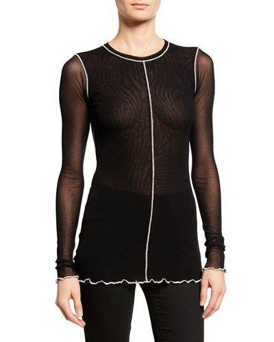 Fuzzi Long-sleeve Tulle Top With Contrast Piping In Black
