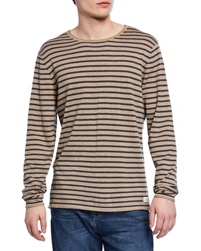 7 For All Mankind Men's Riviera Striped Crewneck Sweater In Sand/navy