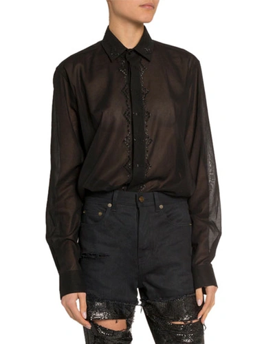 Saint Laurent Sequined Sheer Button-front Shirt In Black