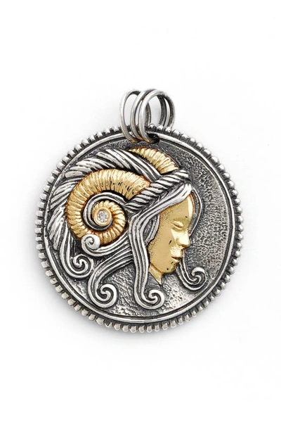 Konstantino Aries Carved Zodiac Pendant With Diamond In Aries/ Silver/ Gold