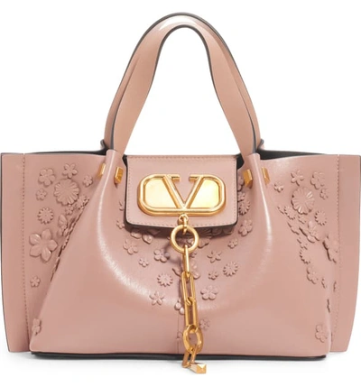 Valentino Garavani Small Go Logo Escape Floral Leather Tote - Beige In Rose Cannelle/ Fod Graphite