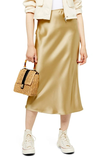 Topshop Satin Bias Midi Skirt In Gold