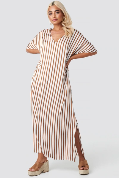Na-kd Striped V Neck Side Slit Dress - White In White/brown Stripe