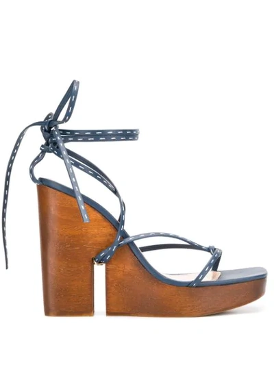 Jacquemus Pilotis Wooden Wedge Leather Sandals In Navy