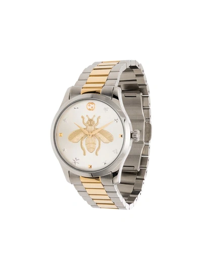 Gucci 38mm G Timeless Two Tone Bee Motif Watch In Silver