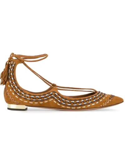 Aquazzura Woman Christy Folk Embroidered Suede Point Toe Flats Tan In Brown