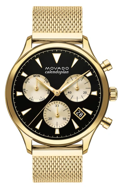 Movado Heritage Calendoplan Chronograph Bracelet Watch, 43mm In Gold/ Black/ Gold