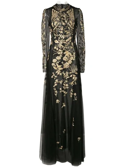Oscar De La Renta Long Sleeved Gown With Gold Embroidery In Black