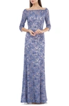 Js Collections Bateau Neck Lace Gown In Periwinkle Nude