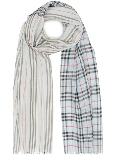 Burberry Icon Stripe And Vintage Check Wool Silk Scarf In Pale Blue