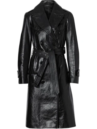 Burberry D-ring Detail Crinkled Leather Trench Coat In Black