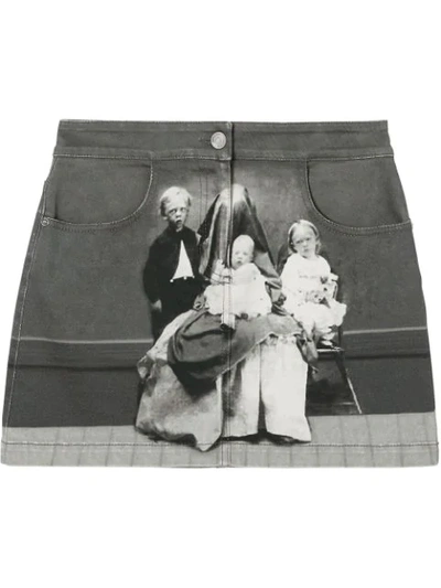 Burberry Victorian Portrait Print Stretch Denim Mini Skirt In Grey