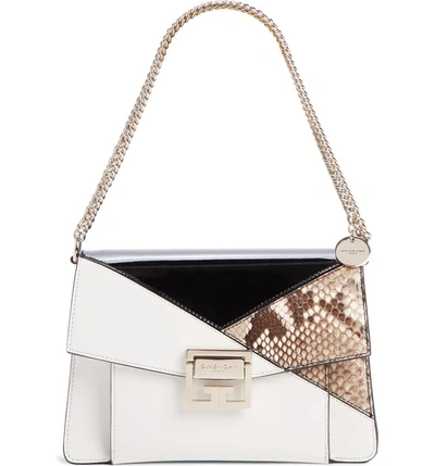 Givenchy Gv3 Small Leather And Snakeskin Patchwork Crossbody Bag In White/ Black