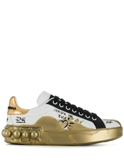 Dolce & Gabbana 20mm Portofino Graffiti Leather Sneakers In White,black,gold