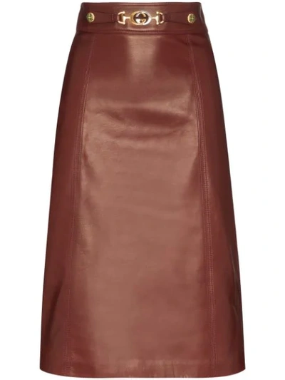 Gucci Logo-belted Plonge Leather Skirt In Brown