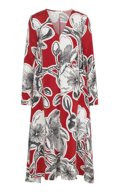 Stine Goya Miri V-neck Long Sleeve Midi Dress In Red | ModeSens