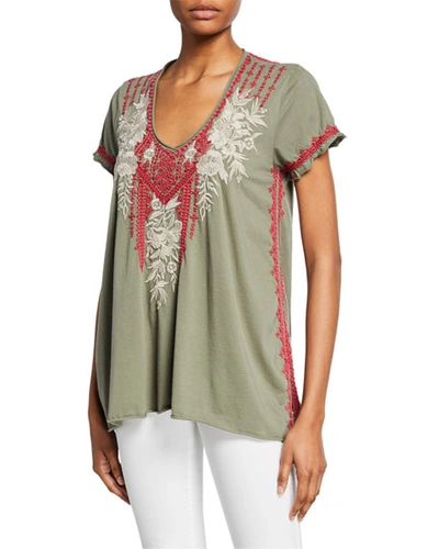 Johnny Was Plus Size Camille Embroidered Drape V-neck Short-sleeve Cotton Top In Tortoise