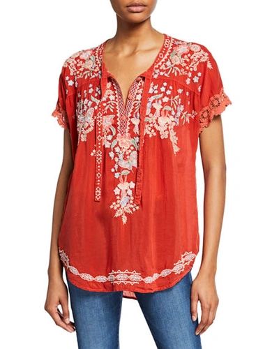 Johnny Was Plus Size Avril Floral Embroidered Short-sleeve Georgette Blouse In Sunrise