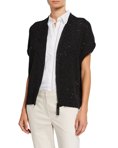 Brunello Cucinelli Sequined English-ribbed Cardigan In Gray