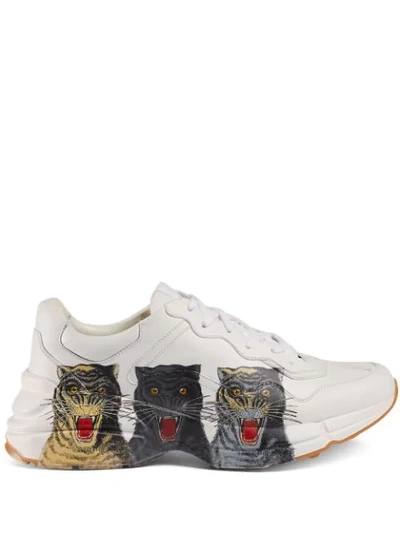 Gucci Men's Rhyton Tiger-print Leather Dad Sneakers In White