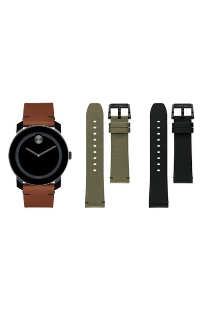 Movado Bold Leather Strap Watch Set, 42mm In Black/brown