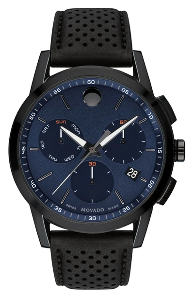 Movado Museum Chronograph Leather Strap Watch, 43mm In Blue/black