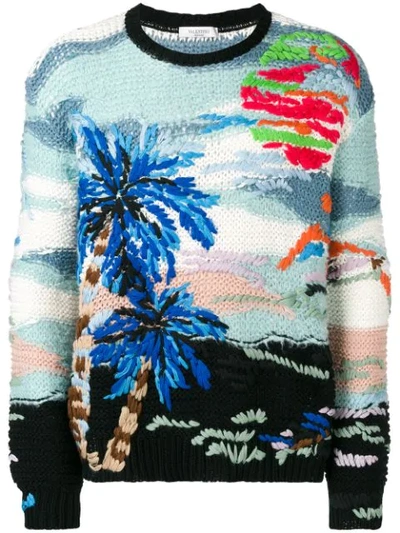 Valentino Hawaiian Landscape Intarsia-knit Sweater In Blue