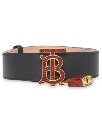 Burberry Padlock Detail Monogram Motif Leather Belt In Black/tan