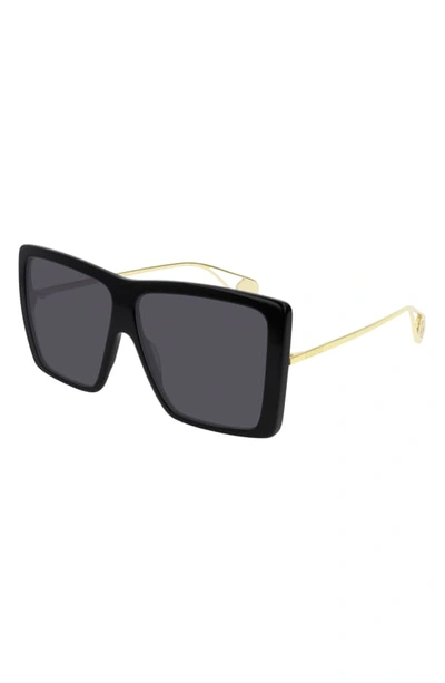 Gucci Acetate & Metal Flat Front Square Sunglasses In Shiny Solid Black/ Grey