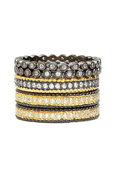Freida Rothman Classic Stackable Rings In 14k Gold-plated & Rhodium-plated Sterling Silver, Set Of 5 In Gold/black